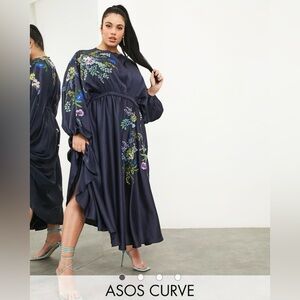 ASOS Curve Navy Floral Embroidered Long Sleeve Midi Dress